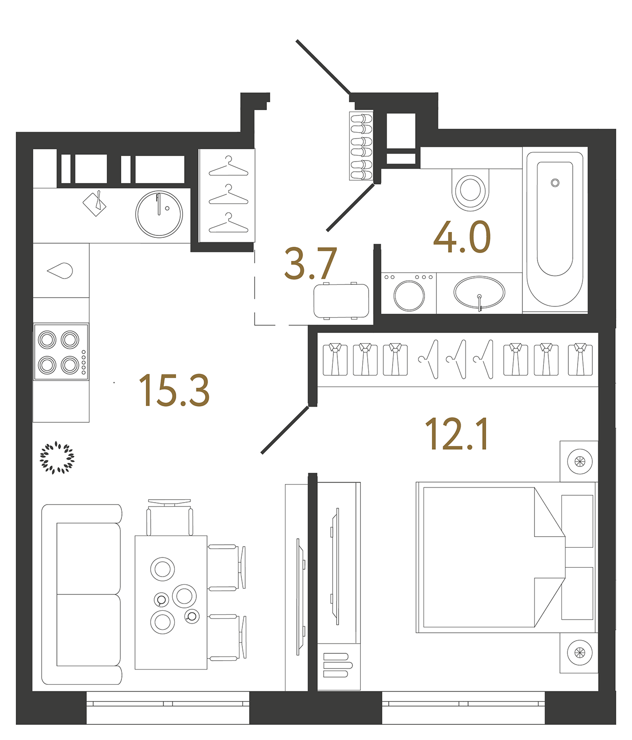 Однокомнатная квартира 35.1 м²