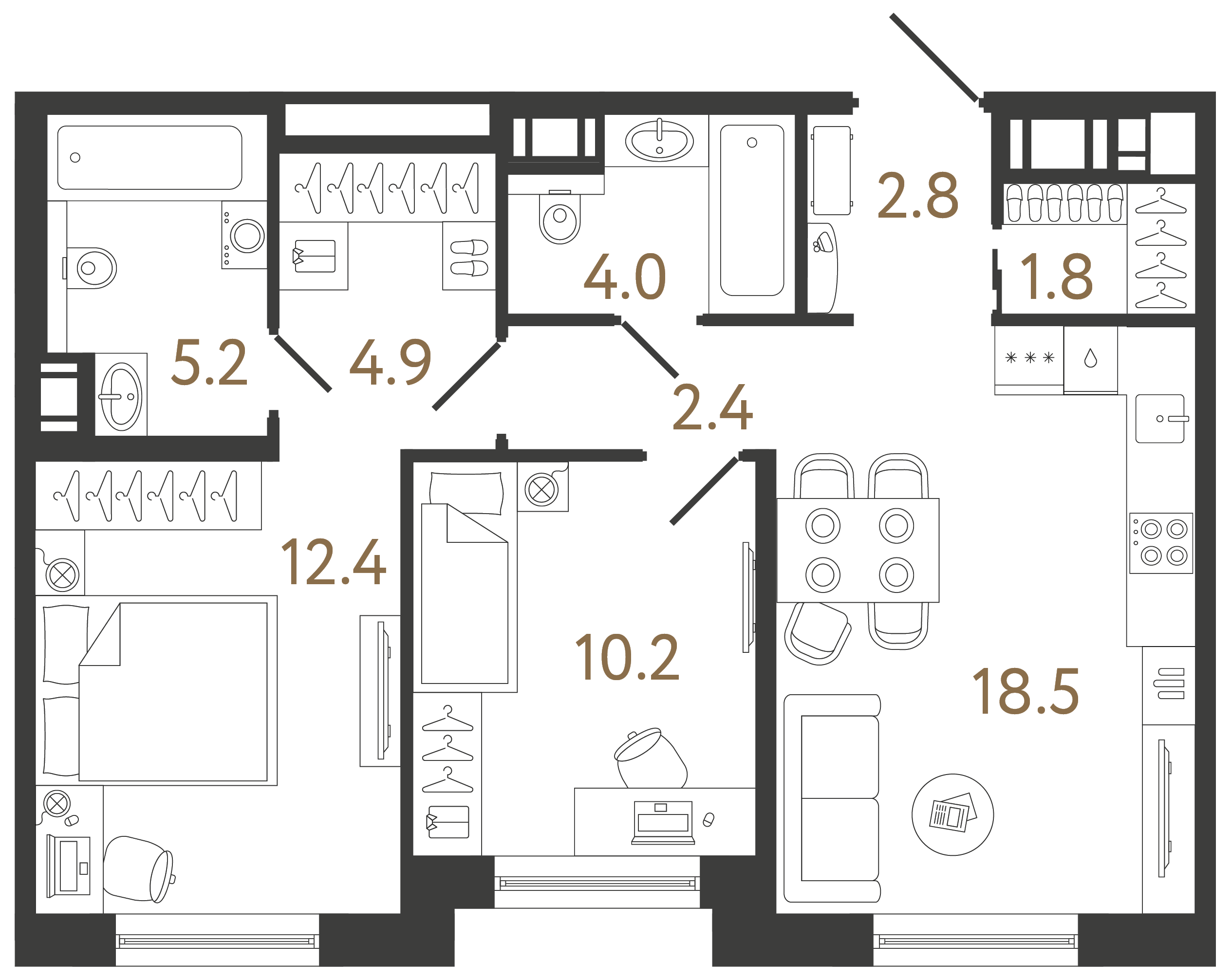 Двухкомнатная квартира 62.2 м²