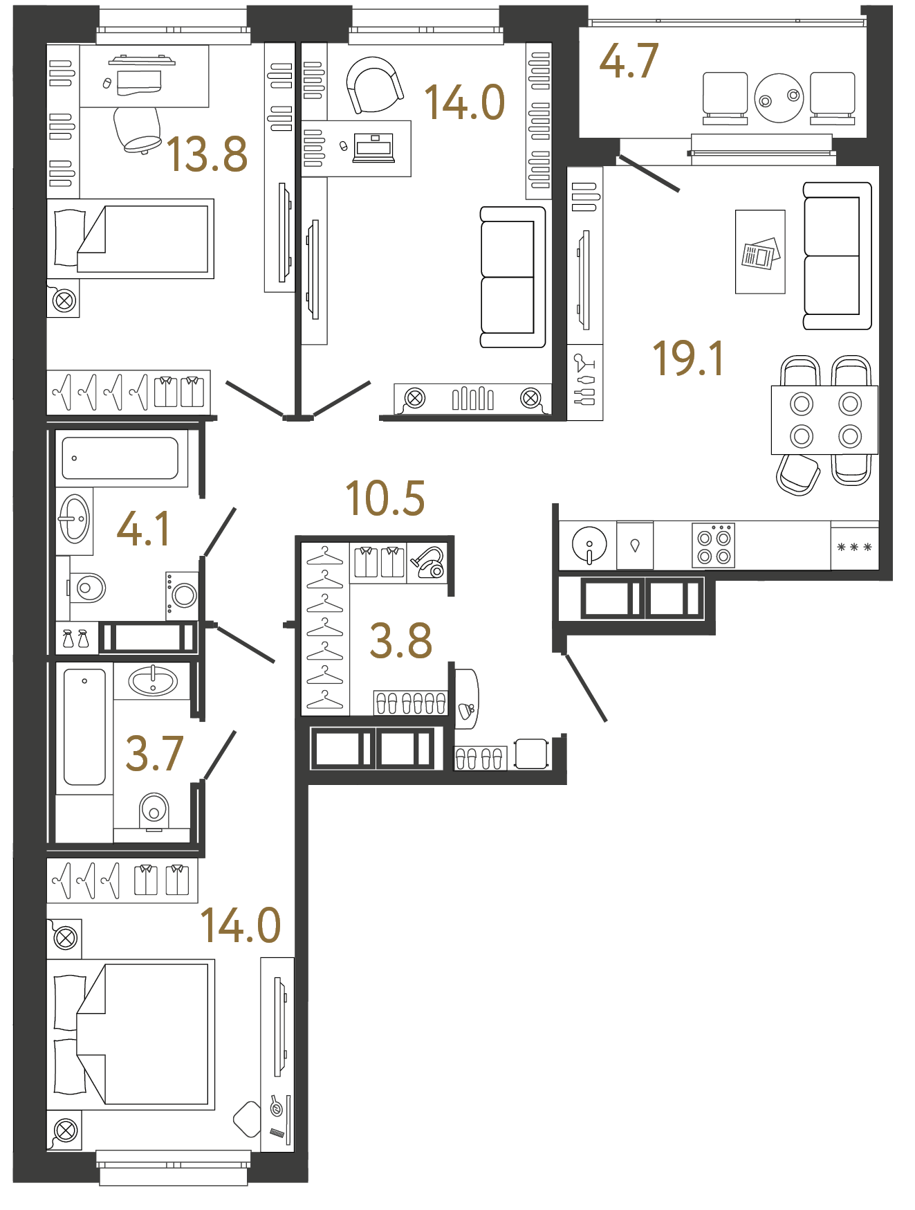 Трёхкомнатная квартира 83 м²