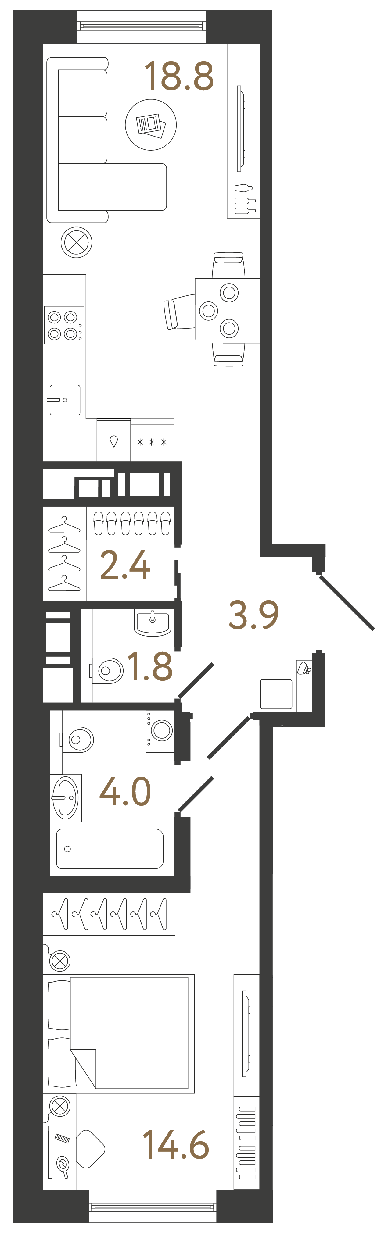 Однокомнатная квартира 45.5 м²