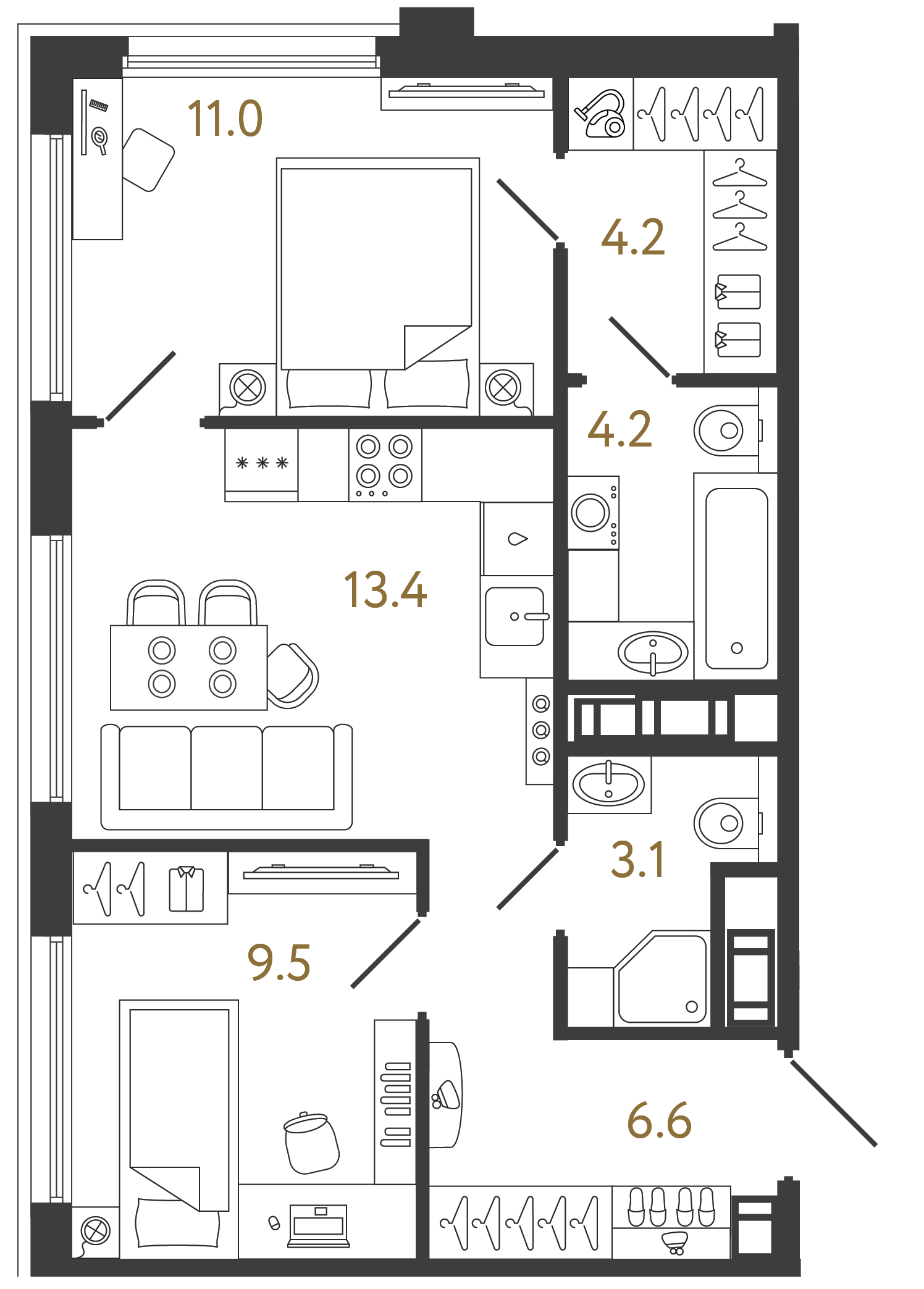 Двухкомнатная квартира 52 м²