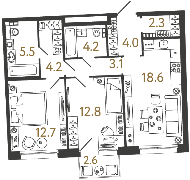 Двухкомнатная квартира 67.4 м²