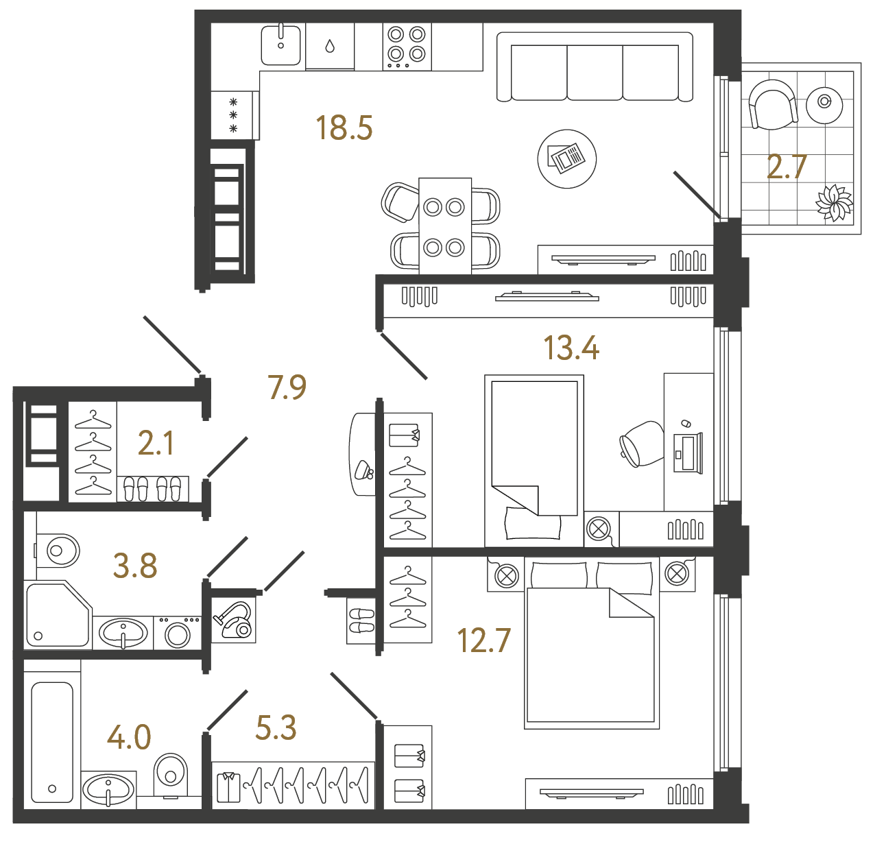 Двухкомнатная квартира 67.7 м²