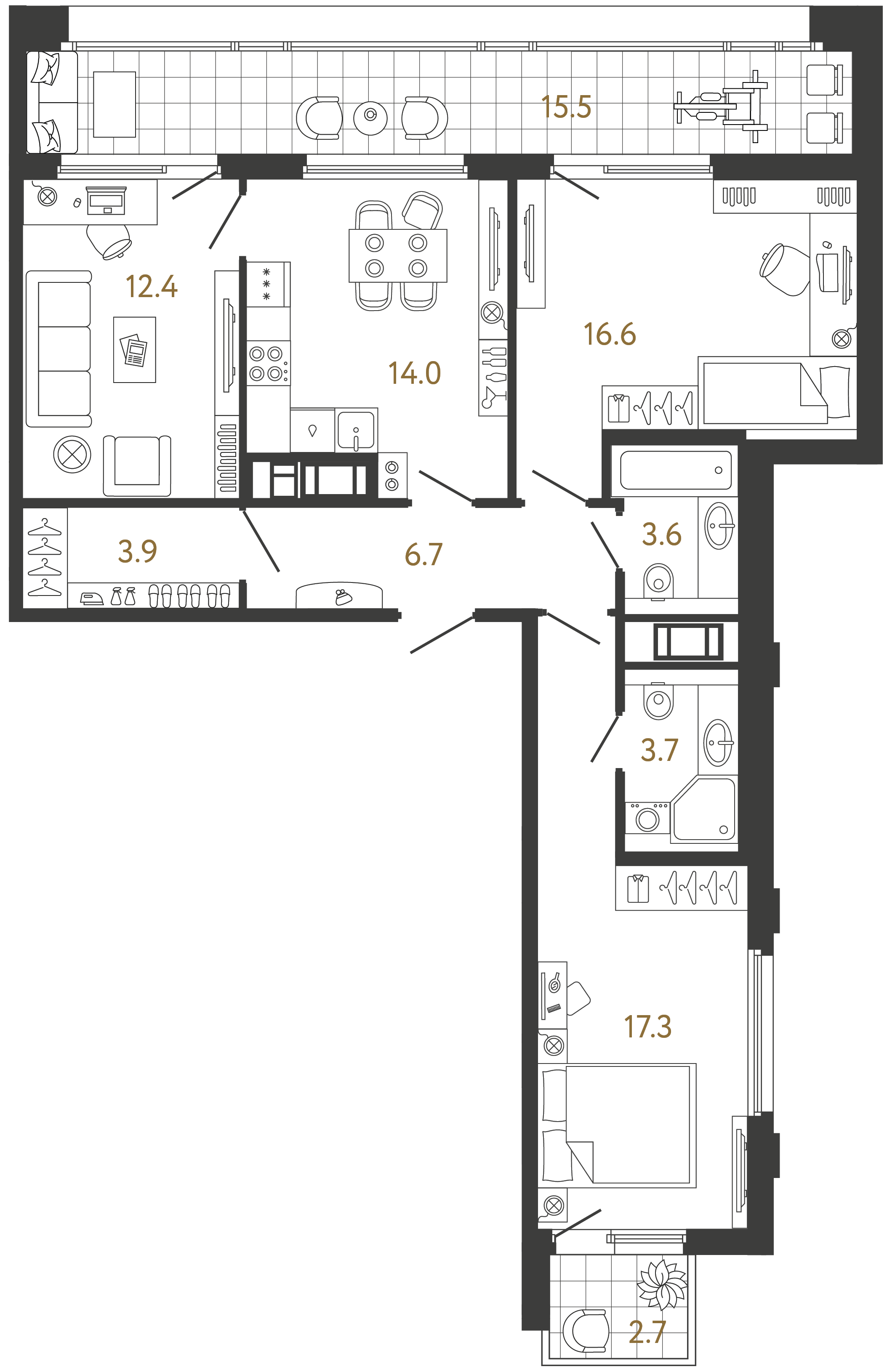 Трёхкомнатная квартира 78.2 м²