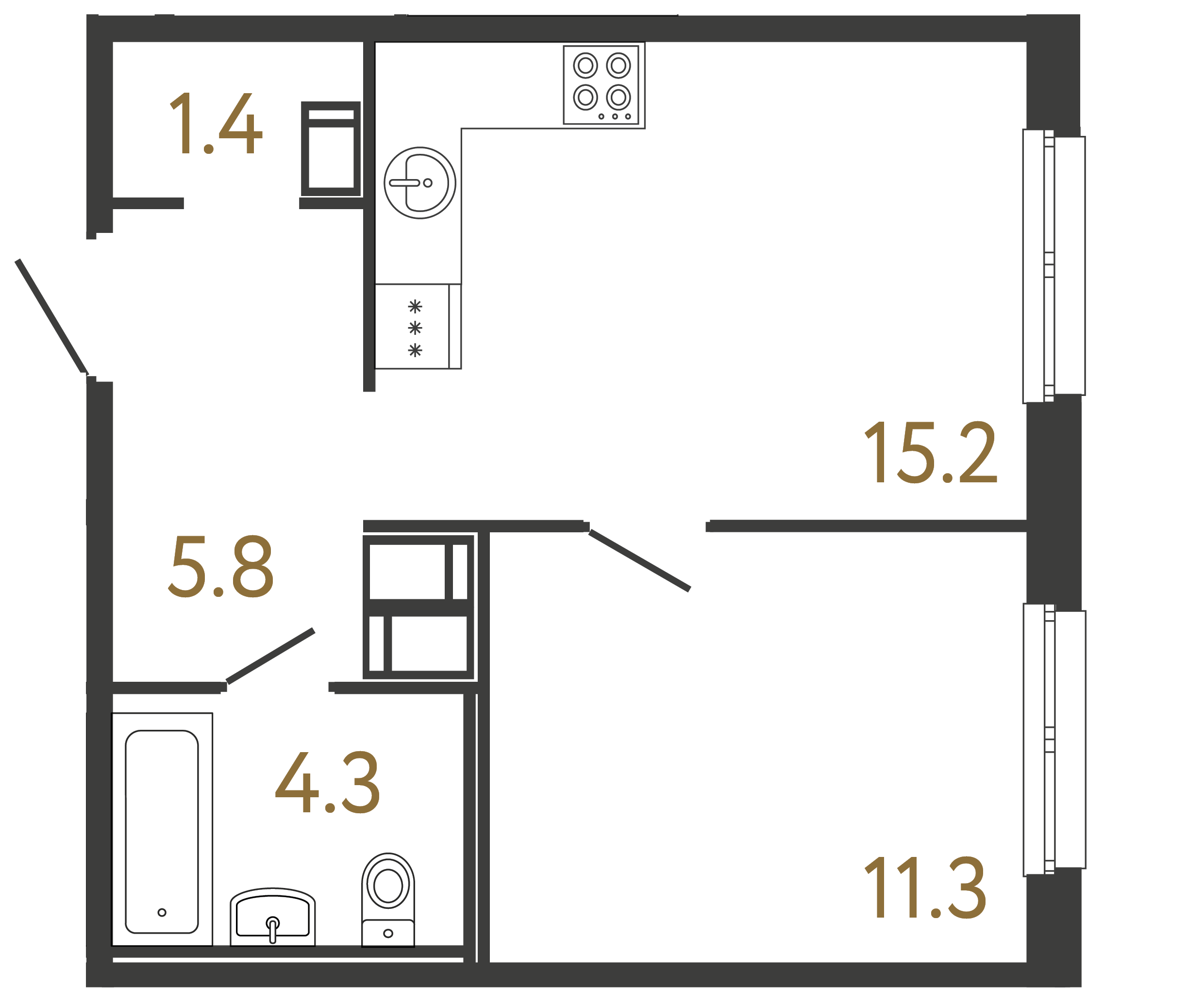 Однокомнатная квартира 38 м²