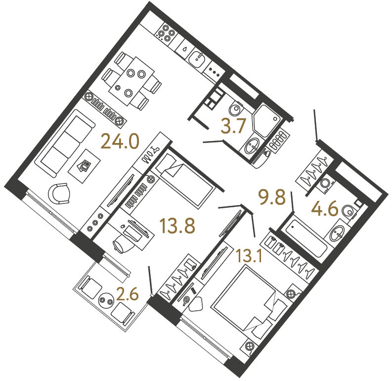Двухкомнатная квартира 69 м²