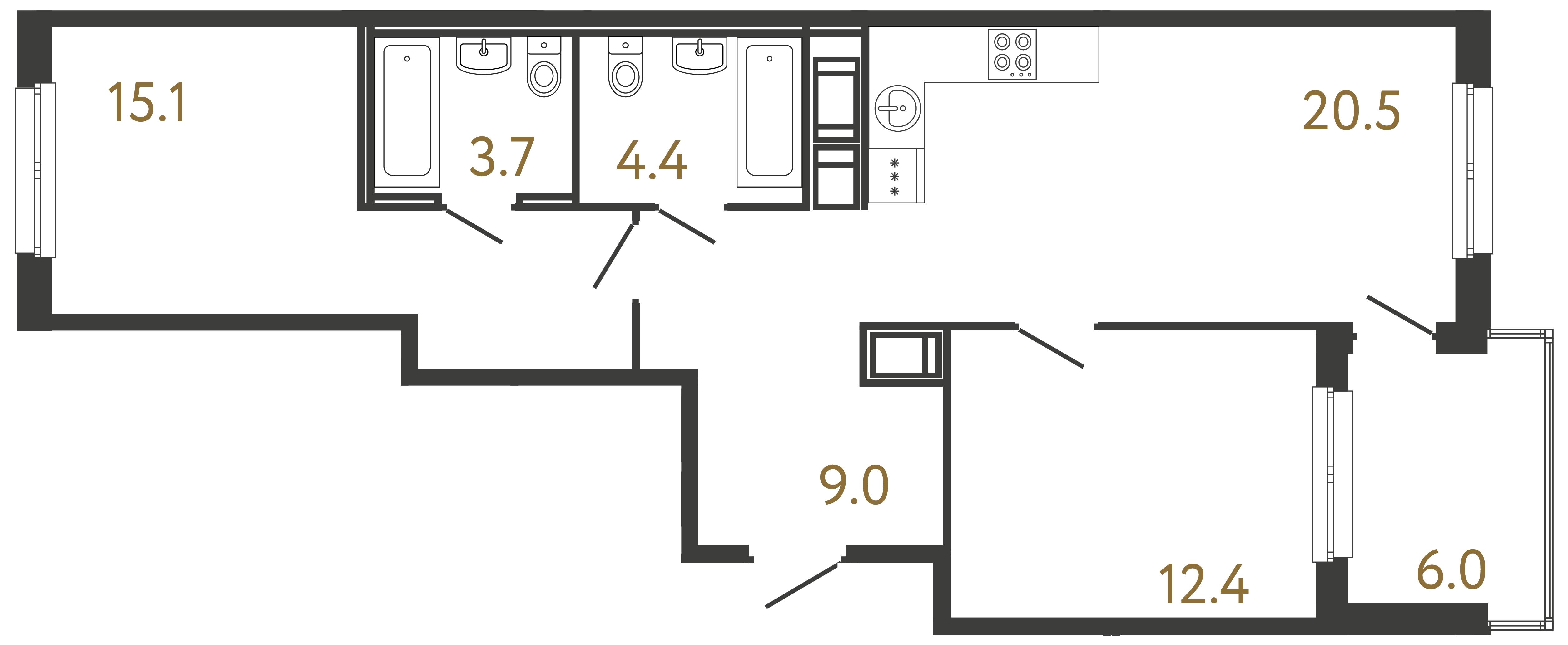 Двухкомнатная квартира 65.1 м²