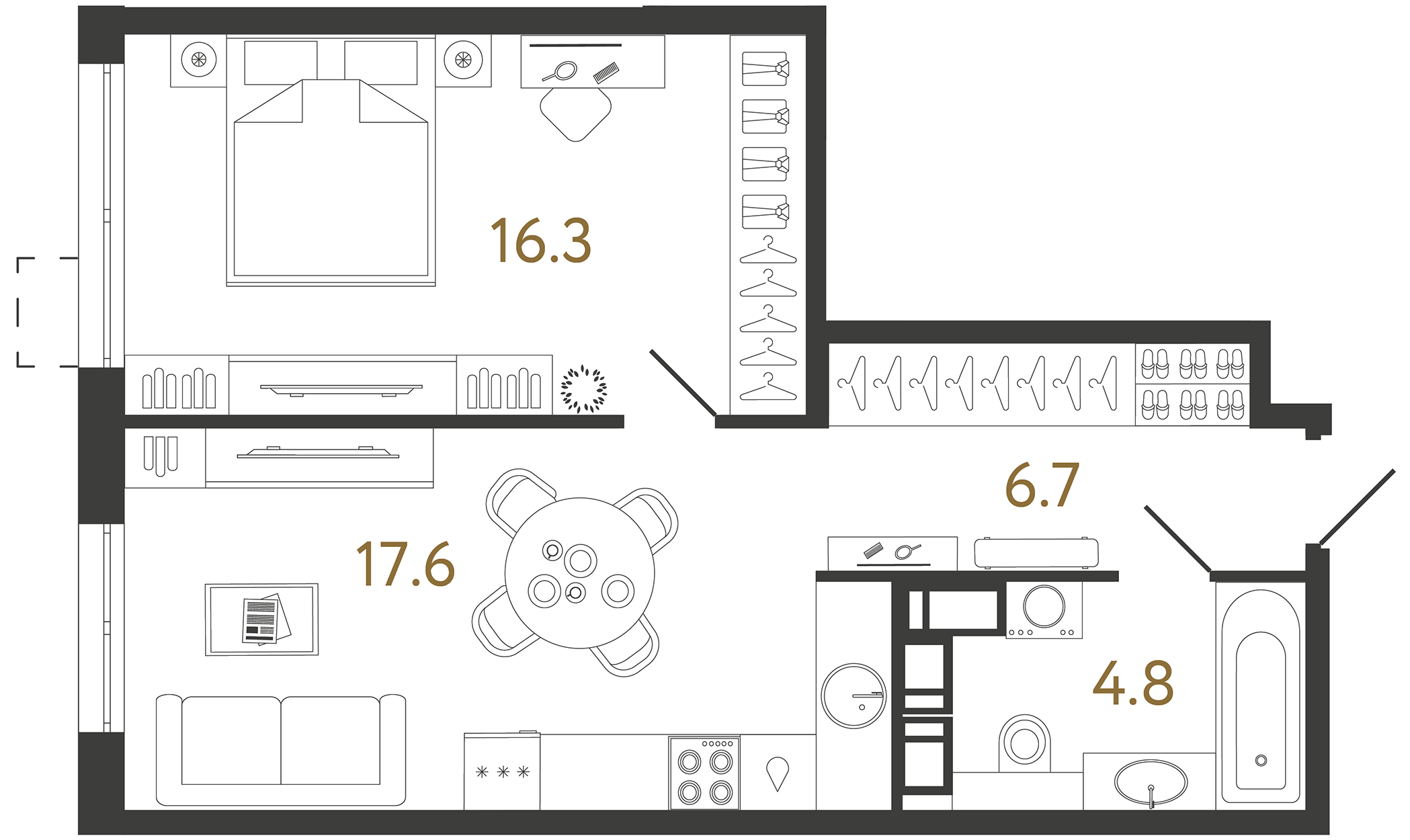 Однокомнатная квартира 45.4 м²