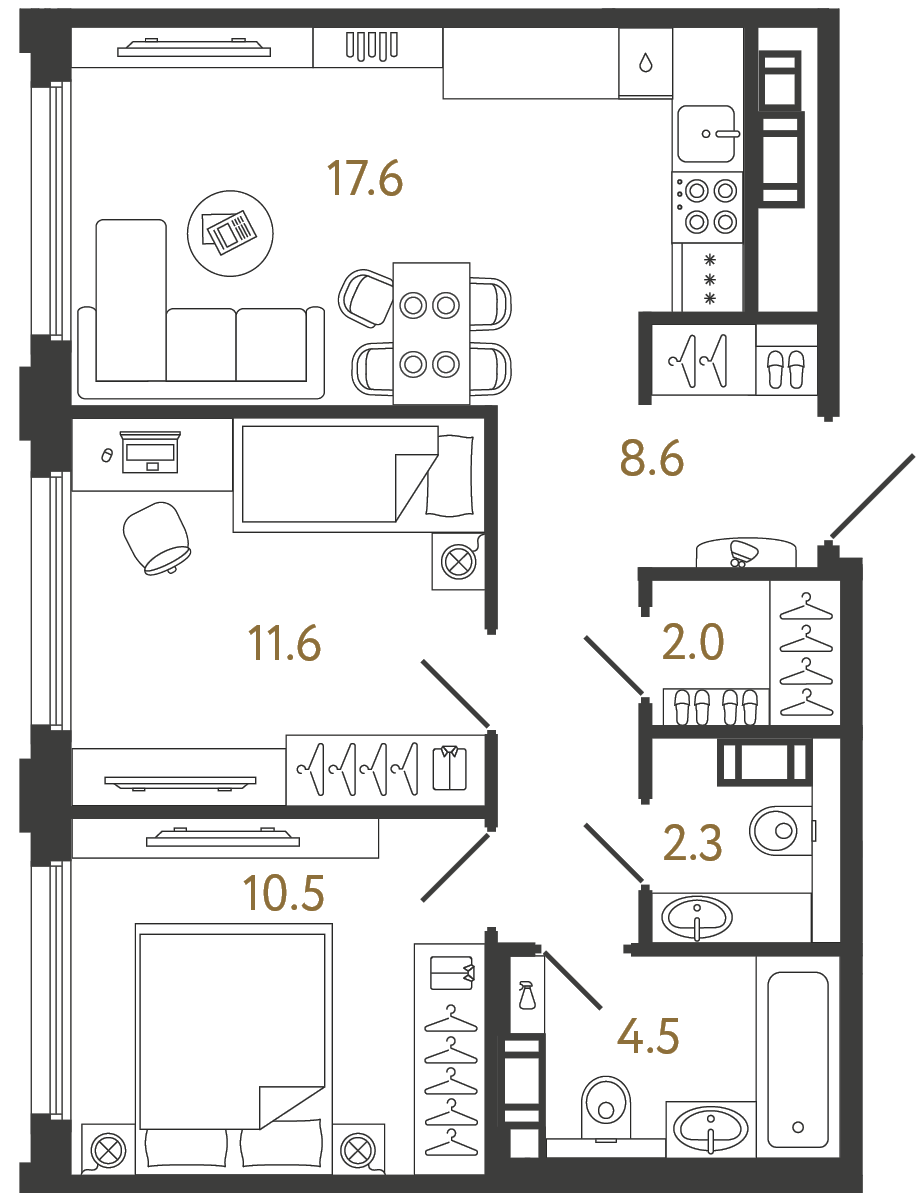 Двухкомнатная квартира 57.1 м²