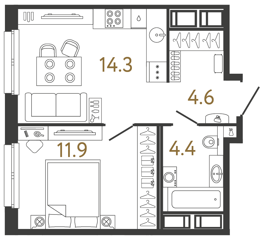 Однокомнатная квартира 35.2 м²