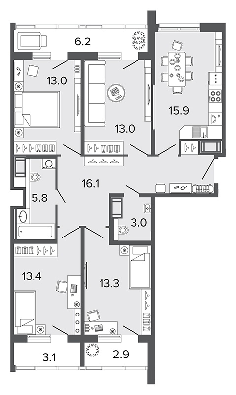 4-комнатная 93.5 м²