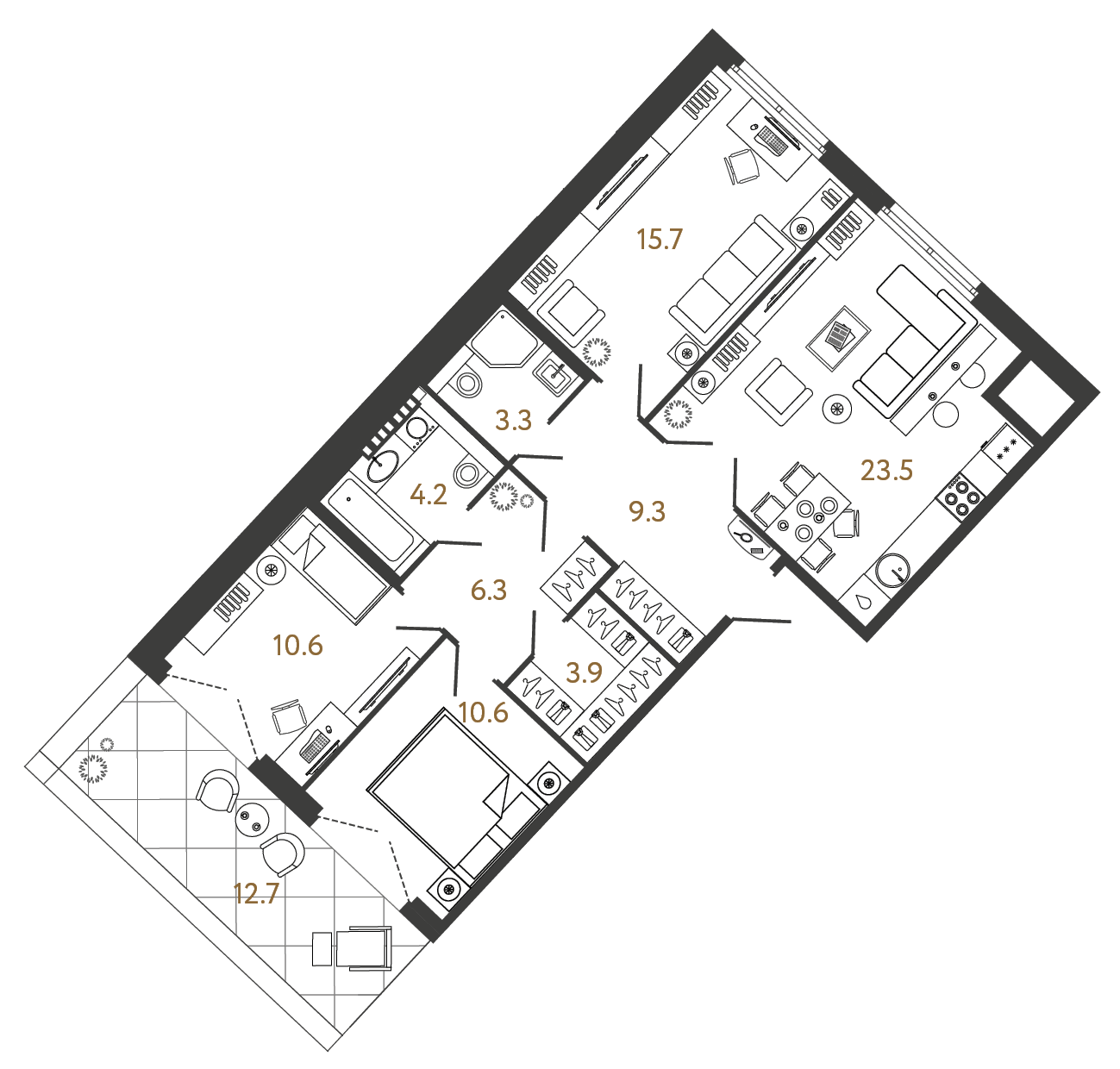 Трёхкомнатная квартира 87.4 м²