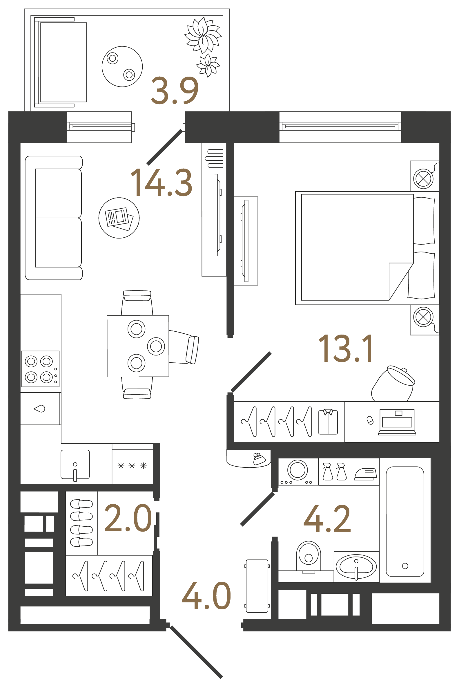 Однокомнатная квартира 37.6 м²