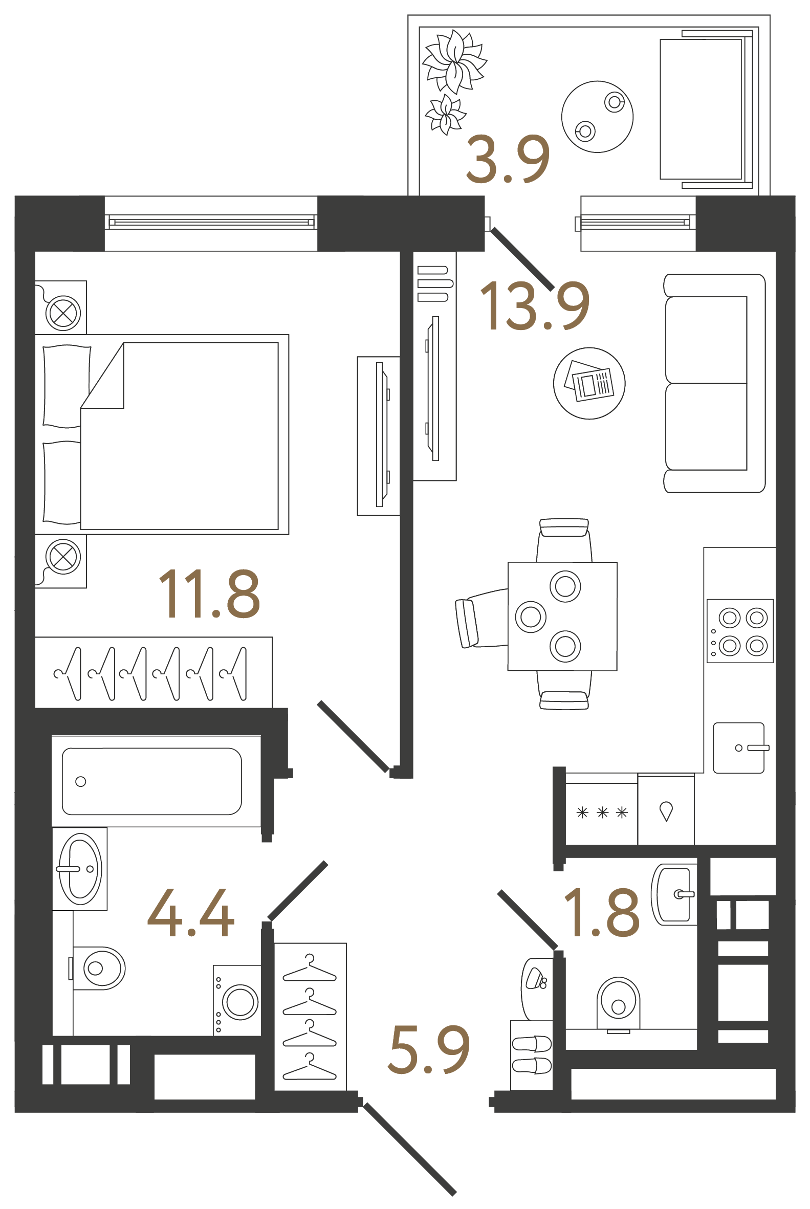 Однокомнатная квартира 37.8 м²