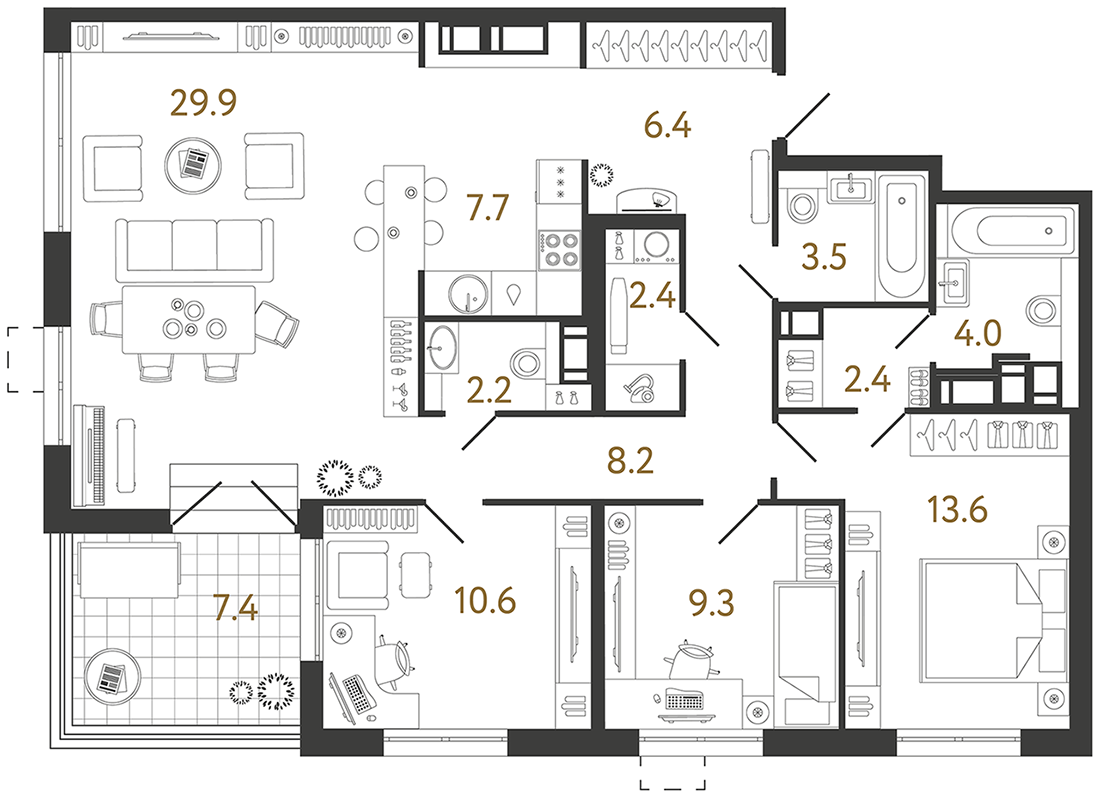Трёхкомнатная квартира 100.2 м²