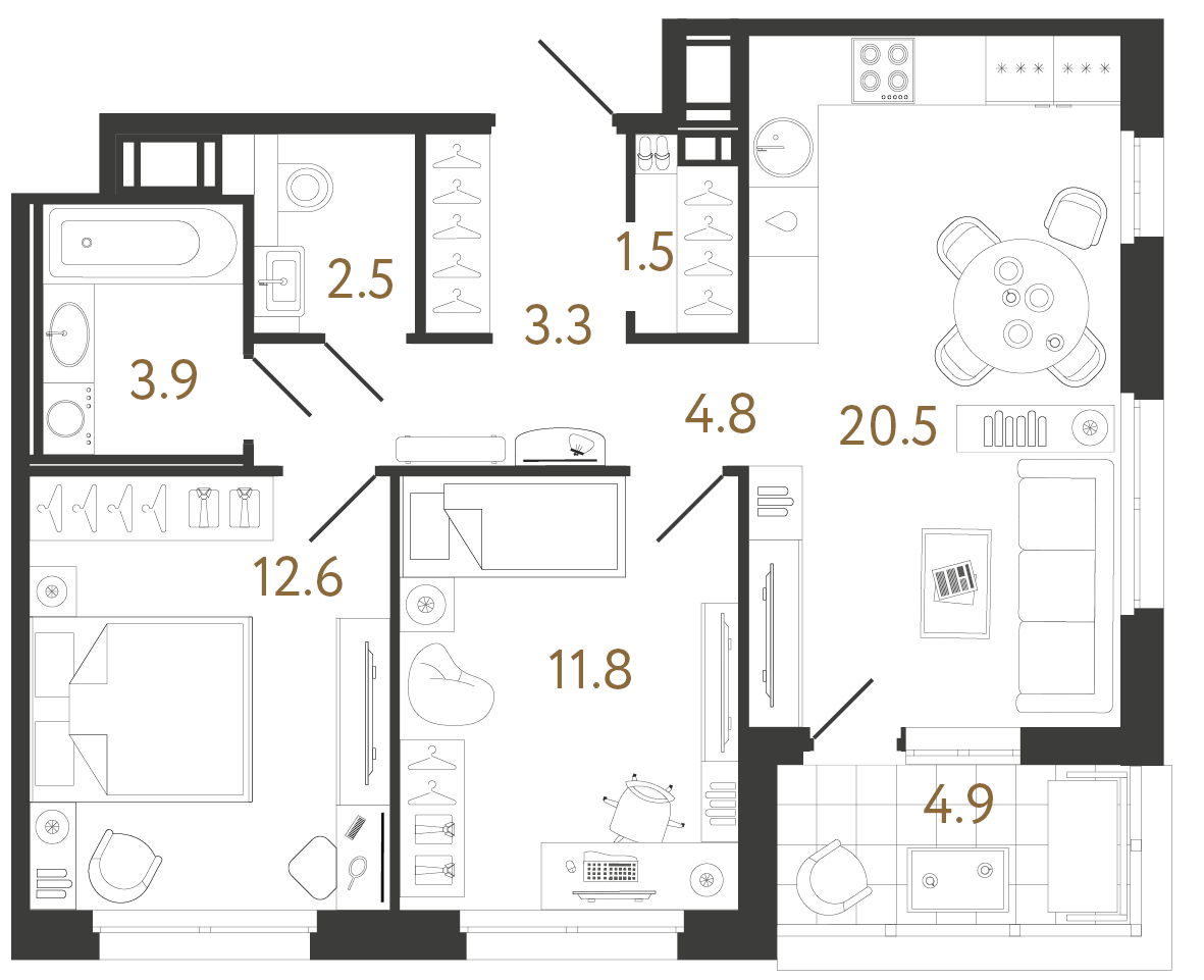 Двухкомнатная квартира 60.9 м²