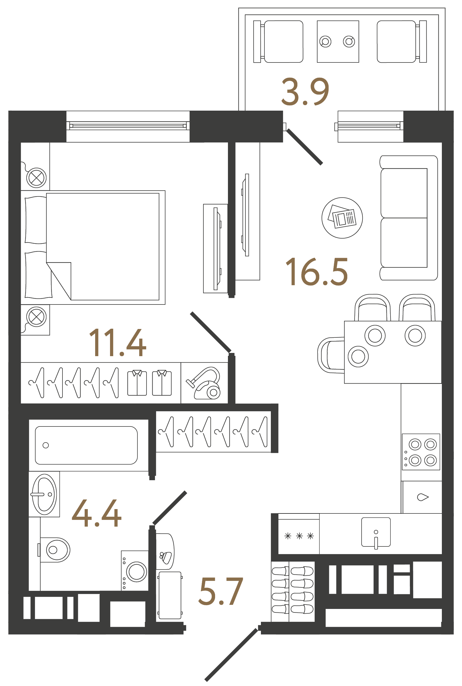 Однокомнатная квартира 38 м²
