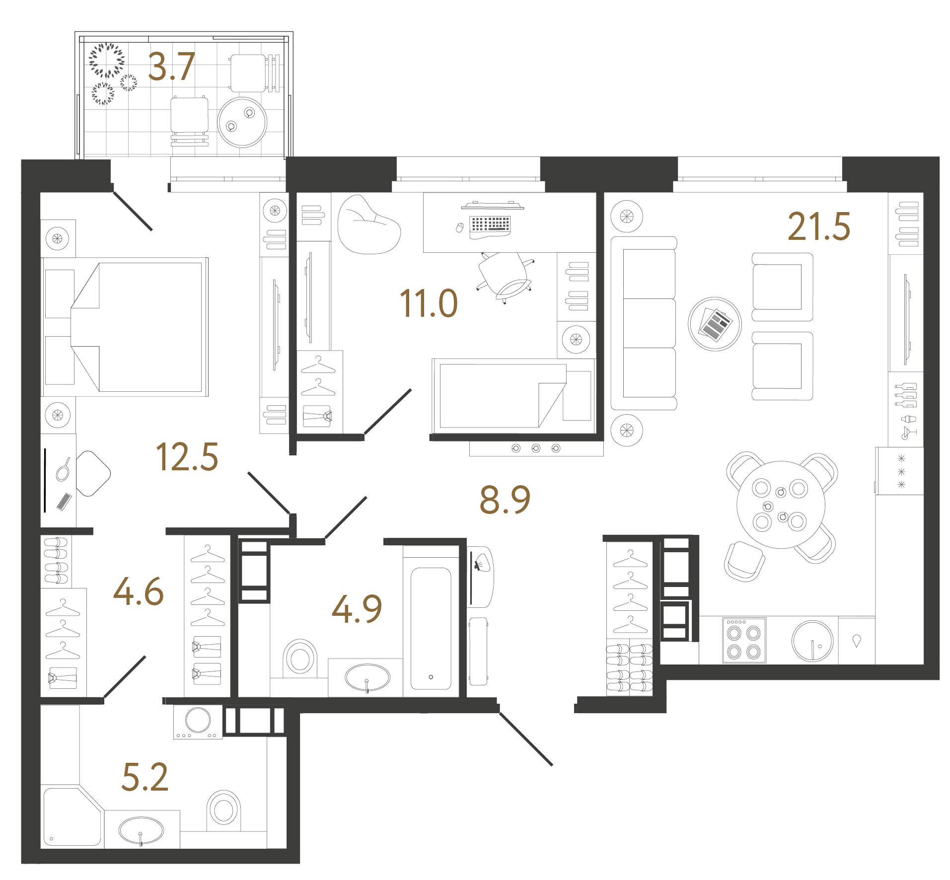 Двухкомнатная квартира 68.6 м²