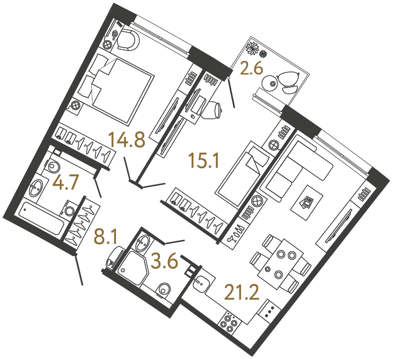 Двухкомнатная квартира 67.5 м²