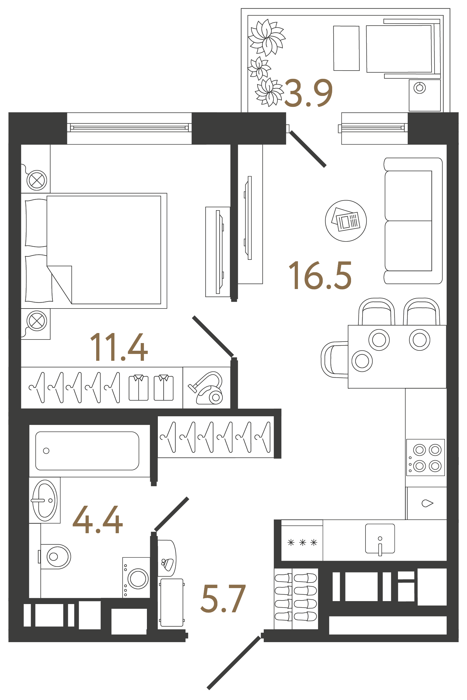 Однокомнатная квартира 38 м²
