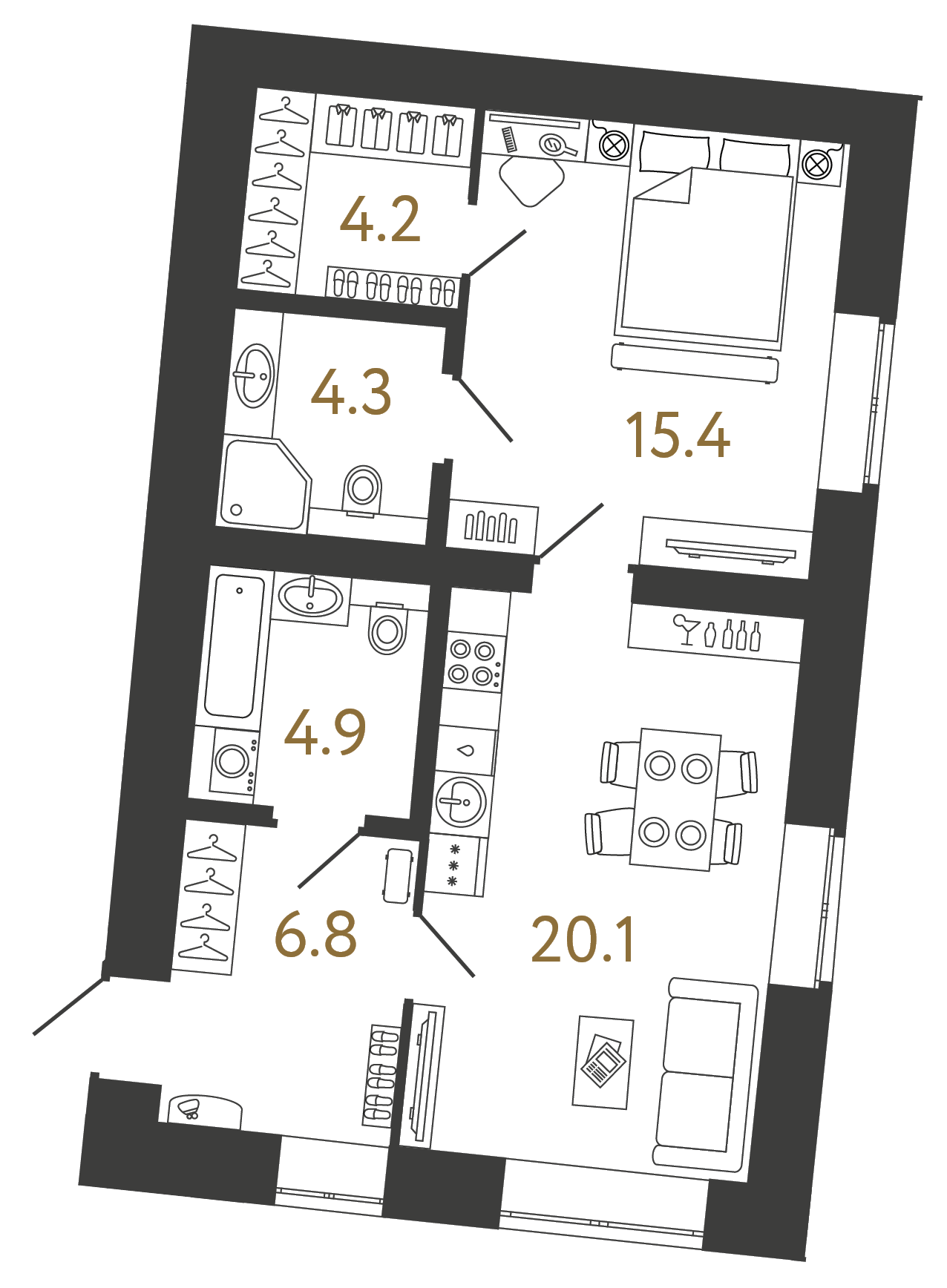 Однокомнатные апартаменты 55.7 м²