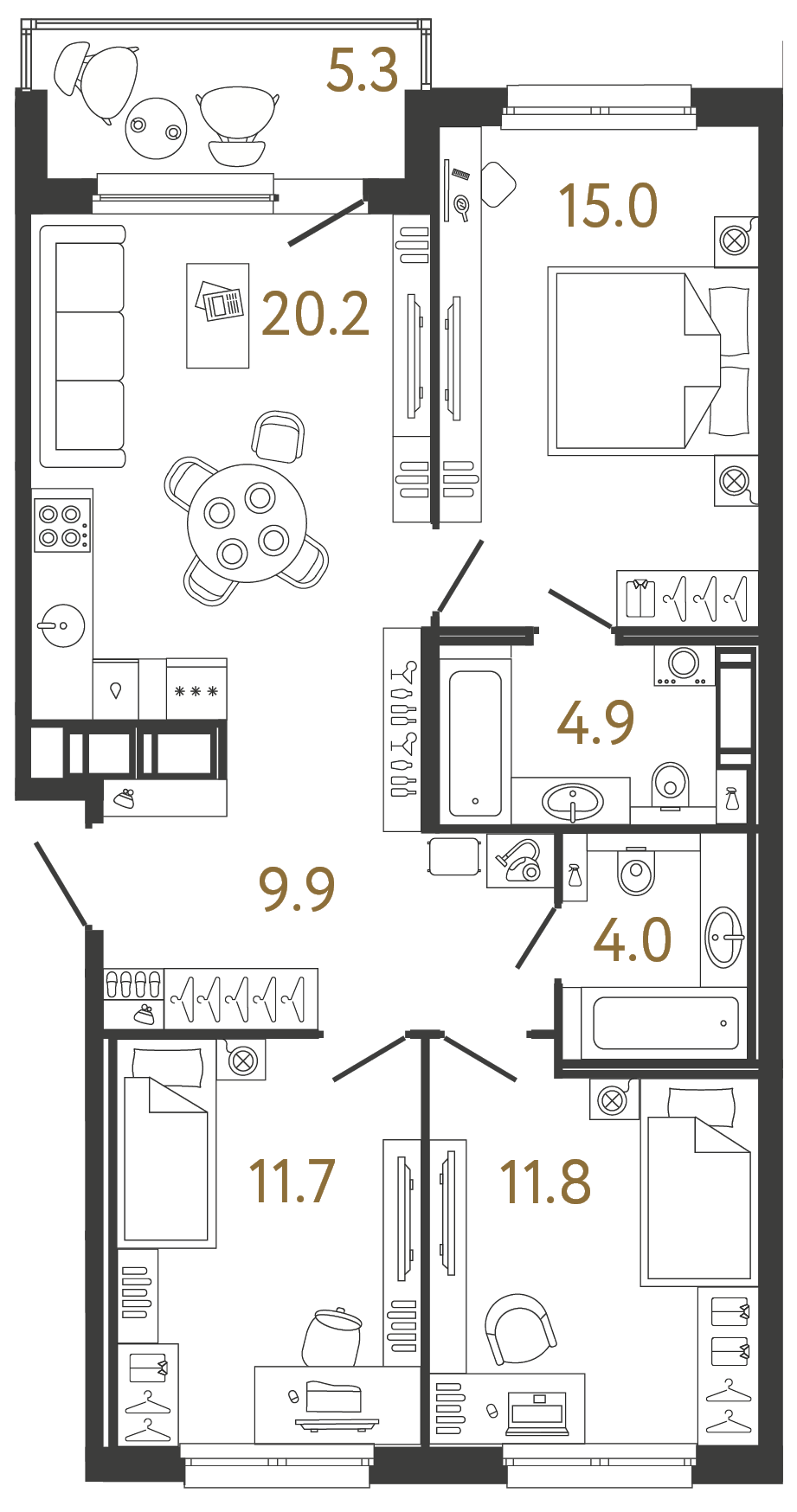 Трёхкомнатная квартира 77.5 м²