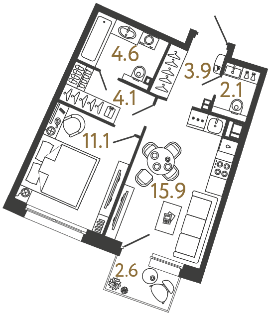 Однокомнатная квартира 41.7 м²