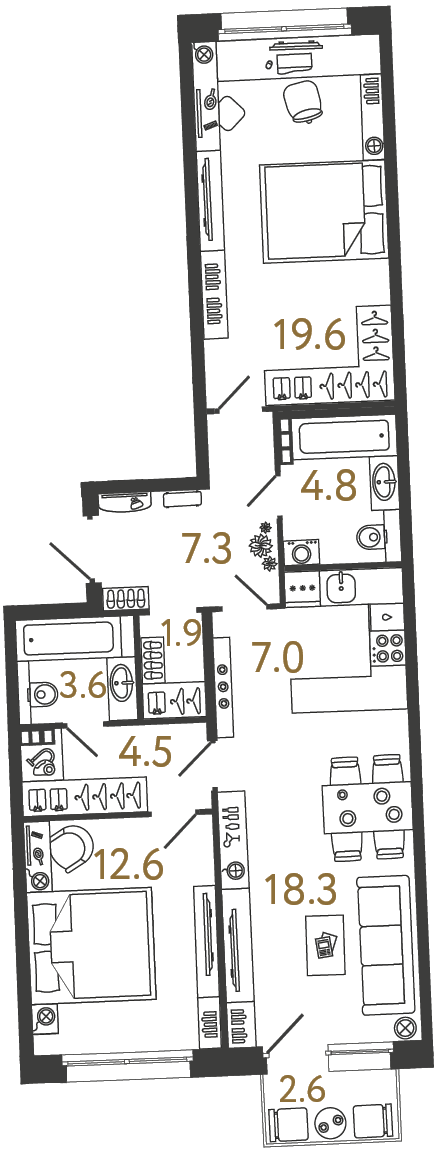 Двухкомнатная квартира 79.6 м²