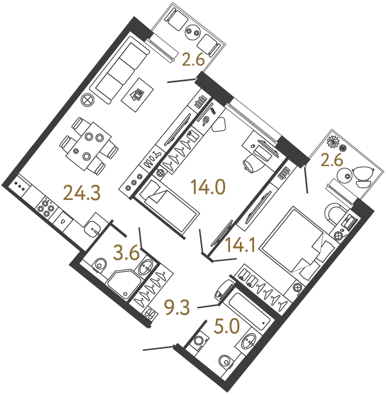 Двухкомнатная квартира 70.3 м²