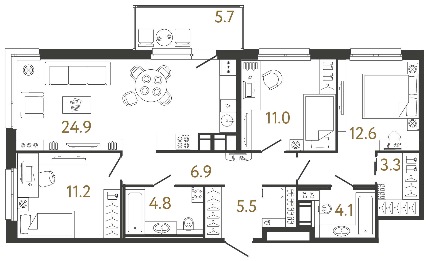 Трёхкомнатная квартира 84.3 м²