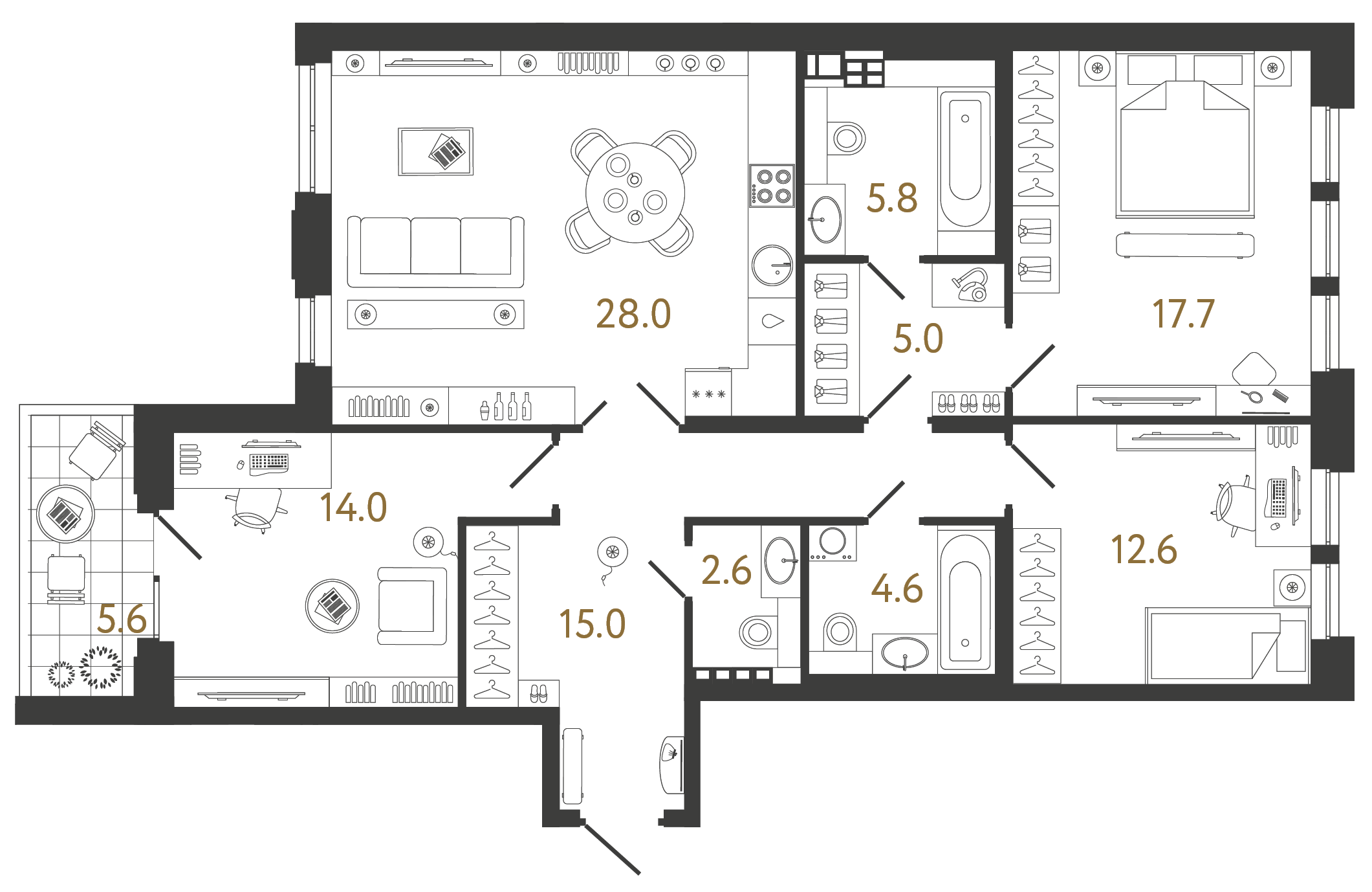 Трёхкомнатная квартира 105.3 м²