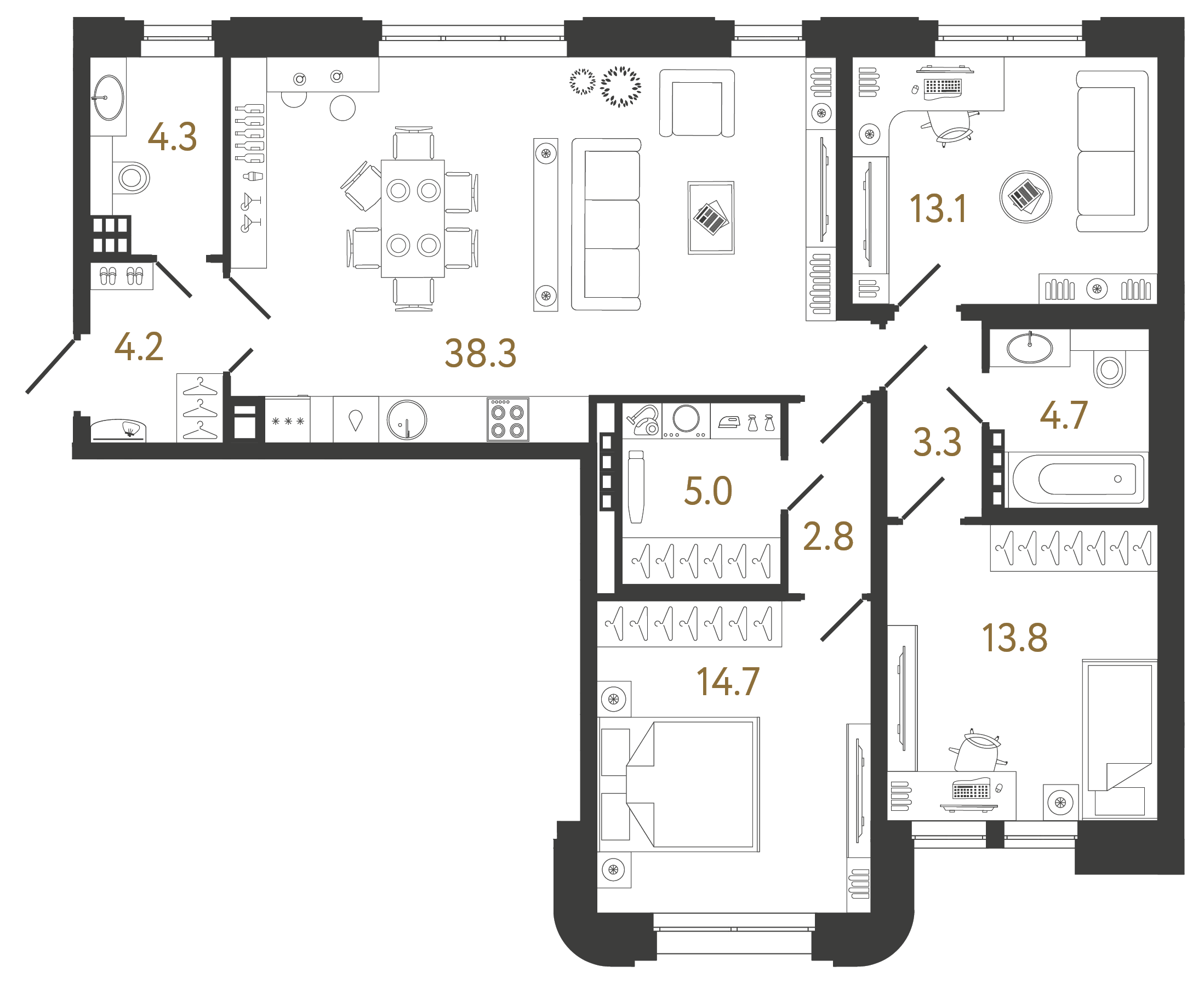 Трёхкомнатная квартира 104.2 м²