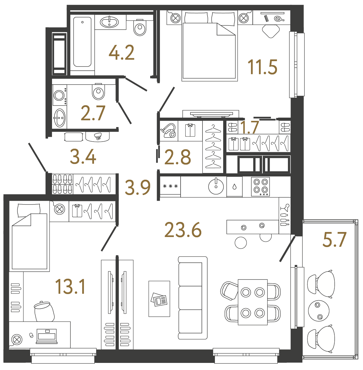 Двухкомнатная квартира 66.9 м²