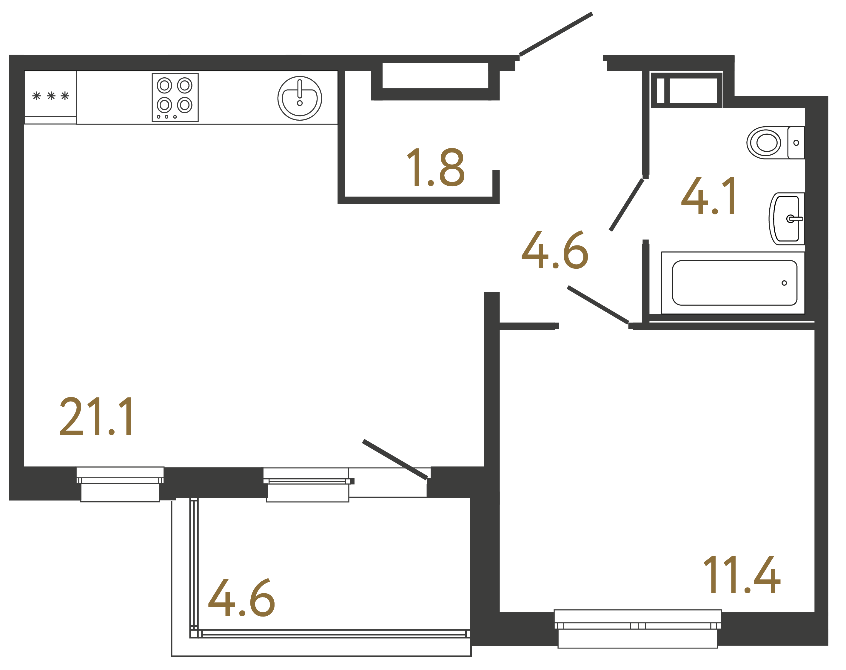 Однокомнатная квартира 43 м²