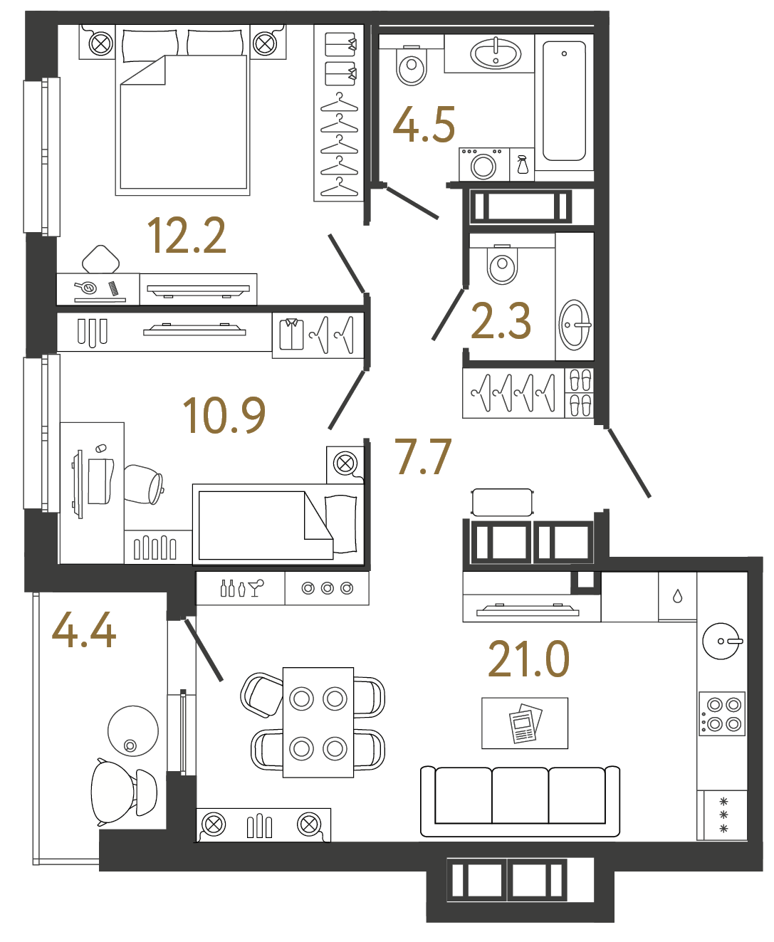 Двухкомнатная квартира 58.6 м²