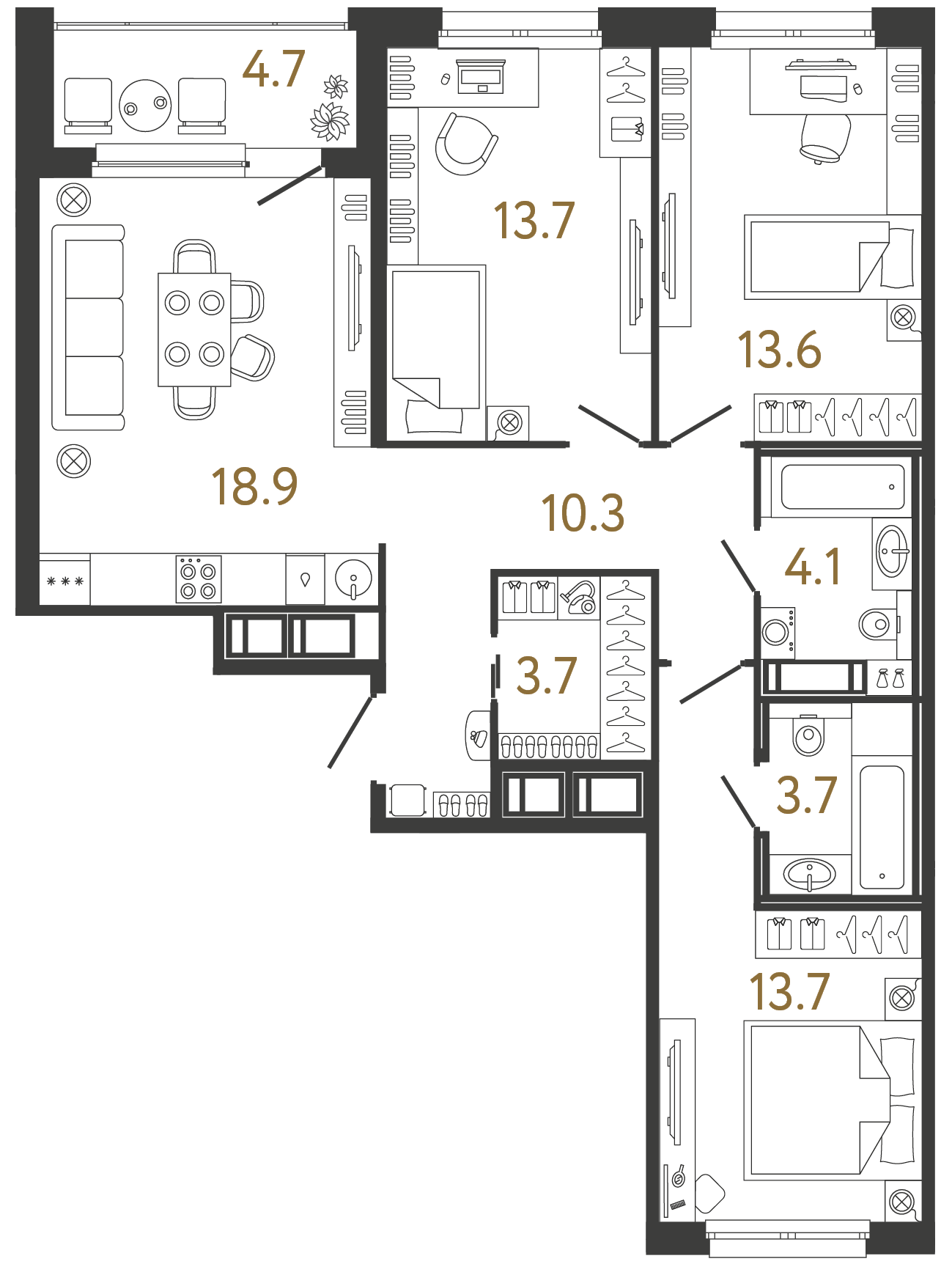 Трёхкомнатная квартира 81.7 м²