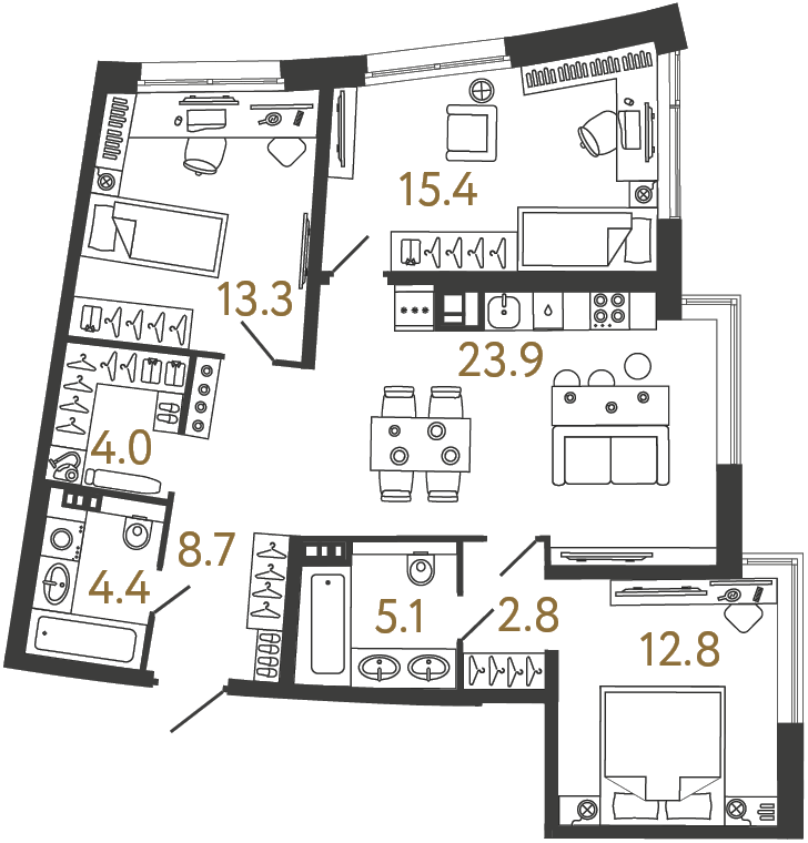 Трёхкомнатная квартира 90.4 м²