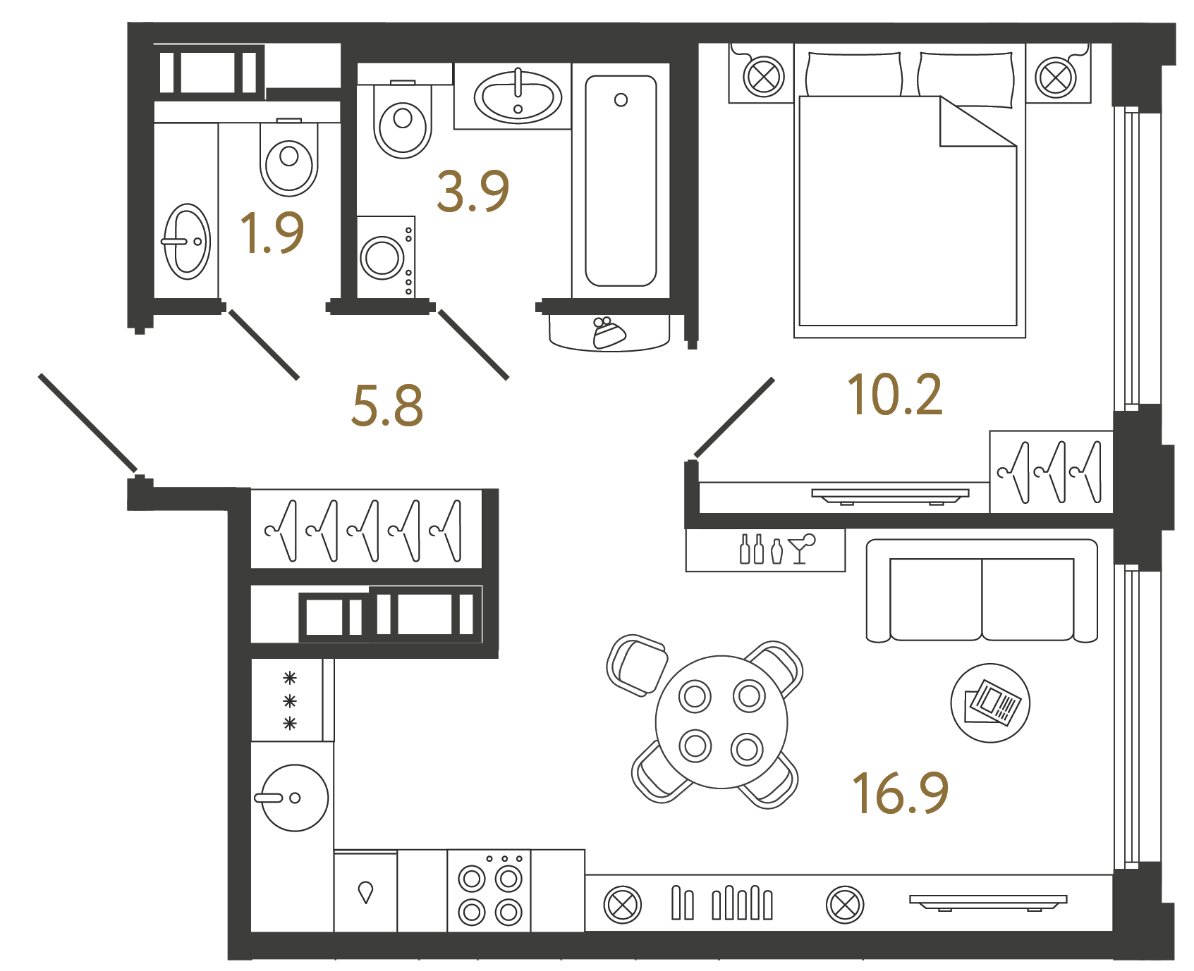 Однокомнатная квартира 38.7 м²