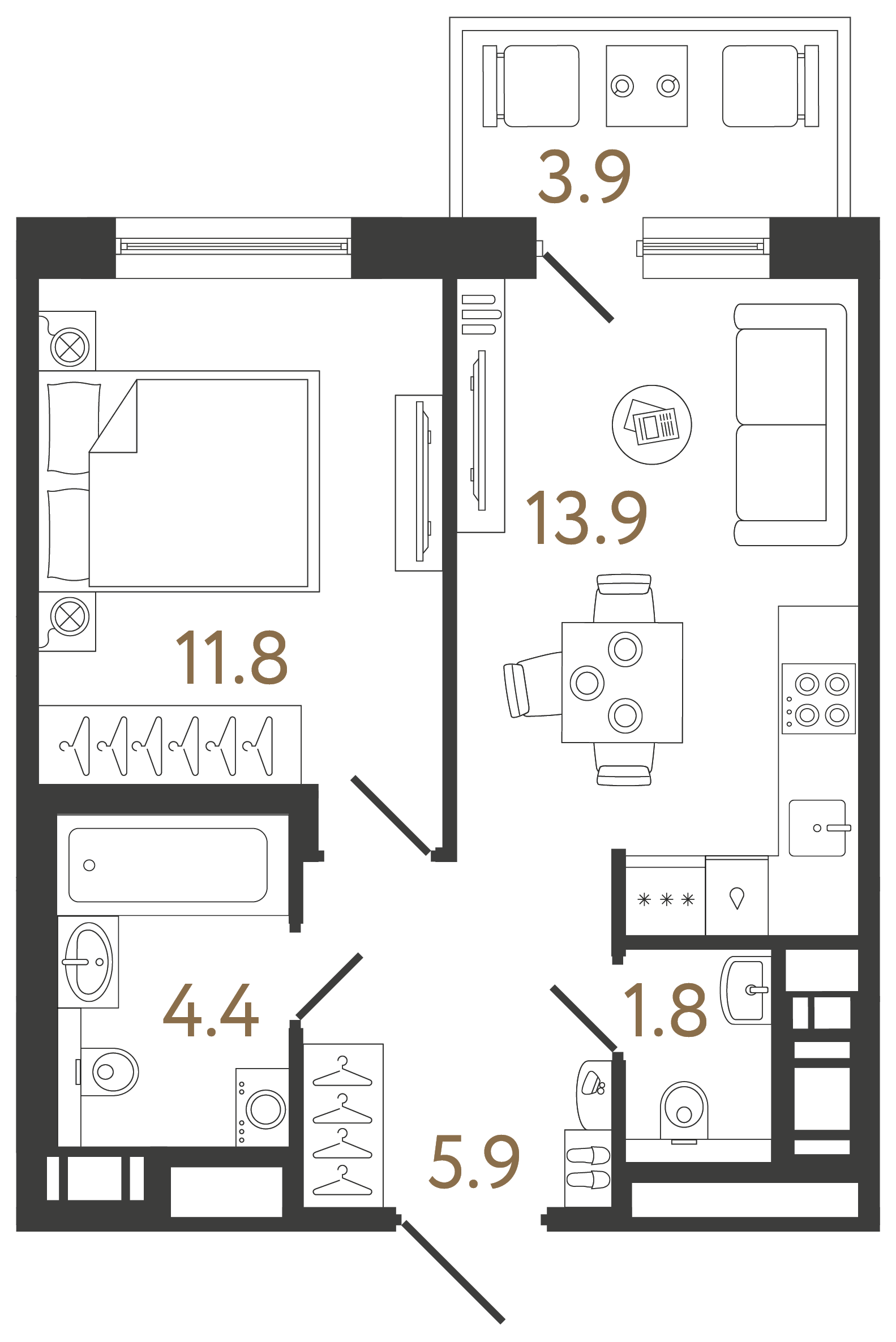 Однокомнатная квартира 37.8 м²