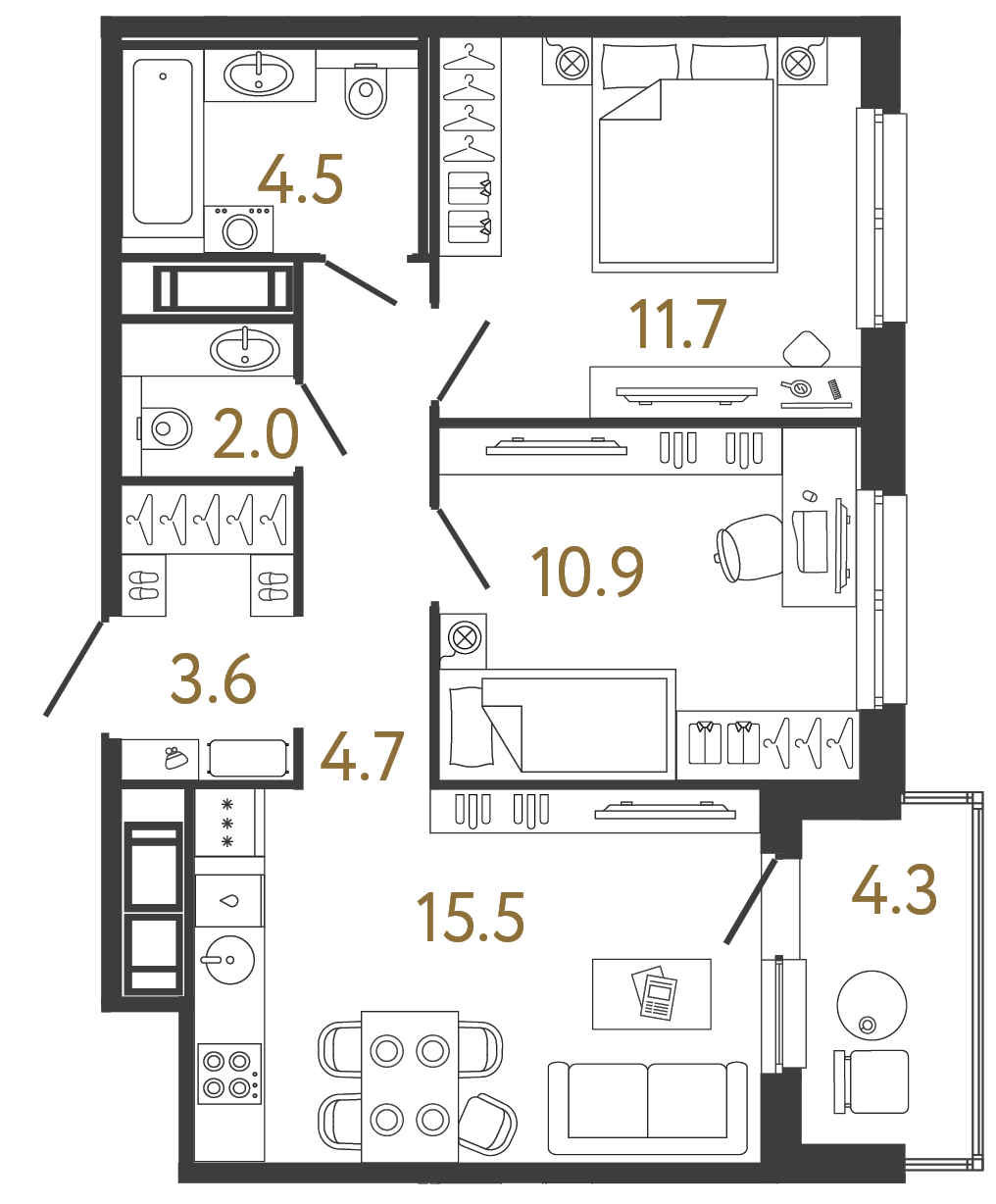 Двухкомнатная квартира 52.9 м²