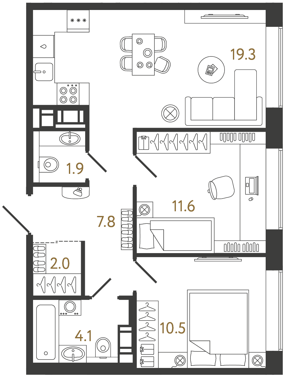 Двухкомнатная квартира 57.2 м²