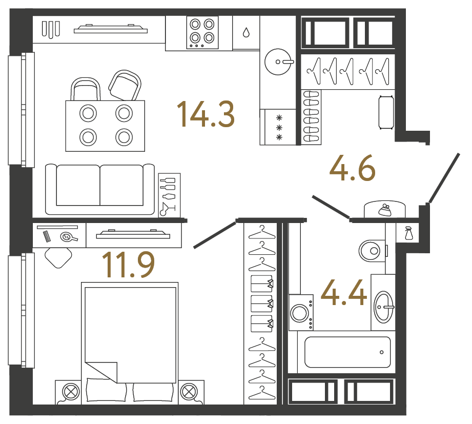 Однокомнатная квартира 35.2 м²