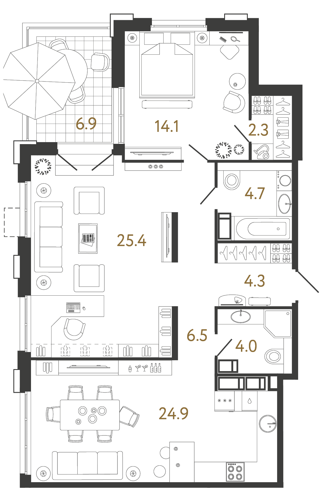 Двухкомнатная квартира 86.2 м²
