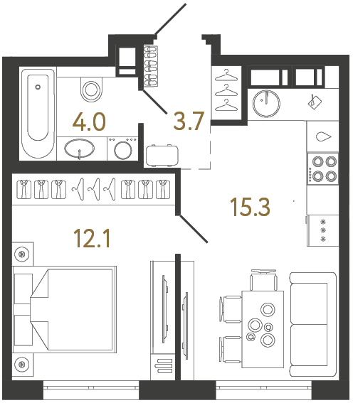 Однокомнатная квартира №260 в ЖК Струны - 35.1 м²