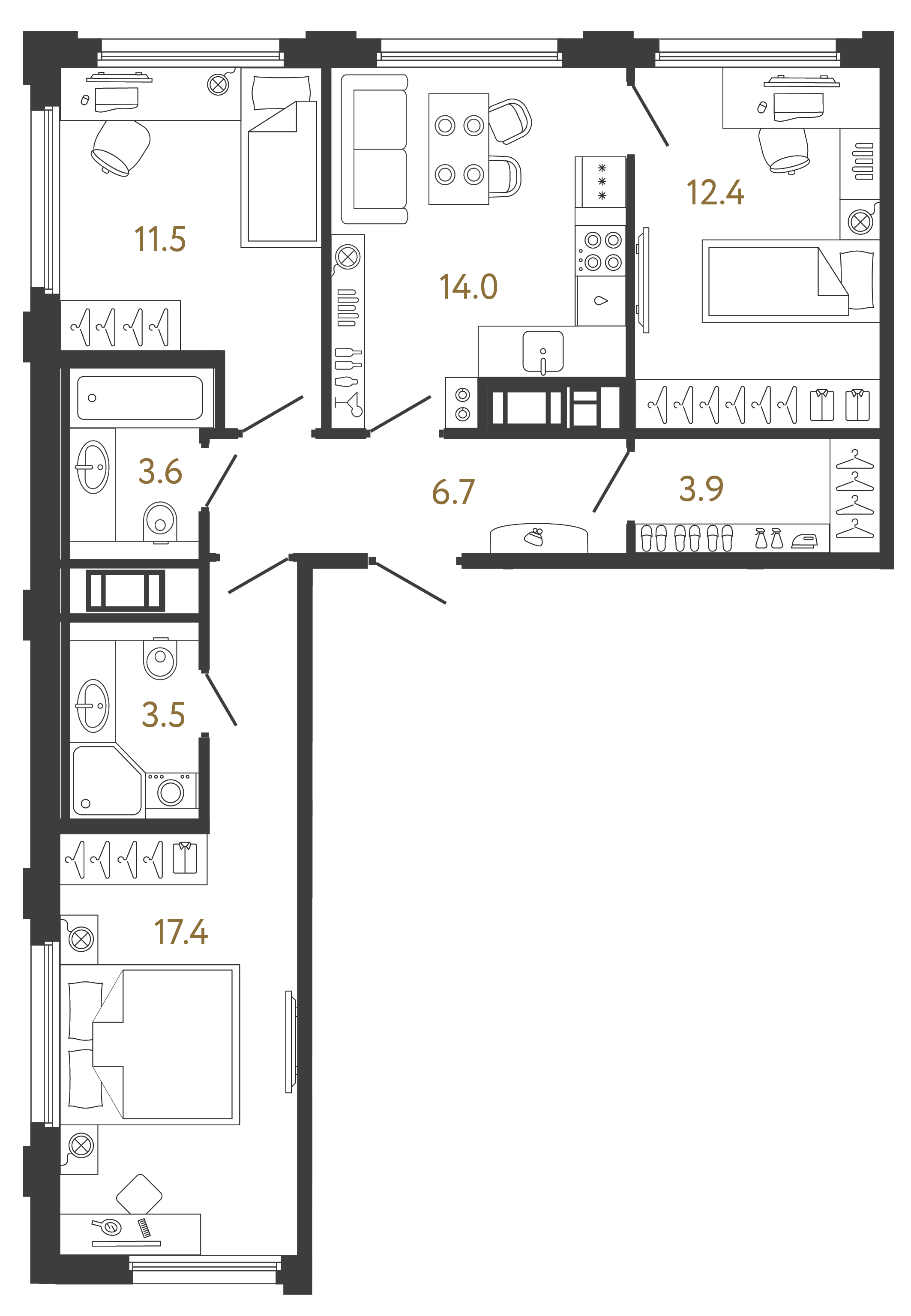 Трёхкомнатная квартира 73 м²