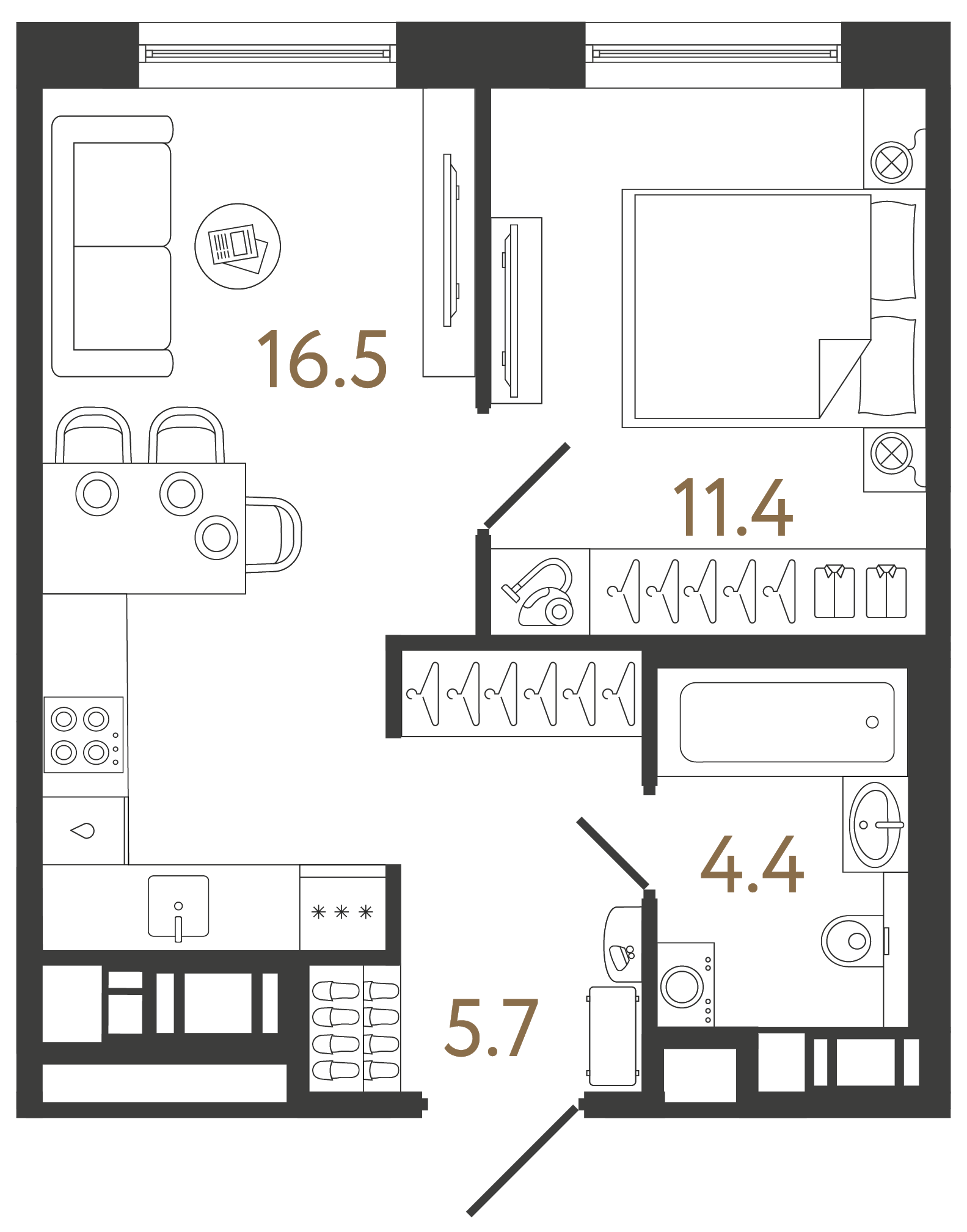 Однокомнатная квартира 38 м²