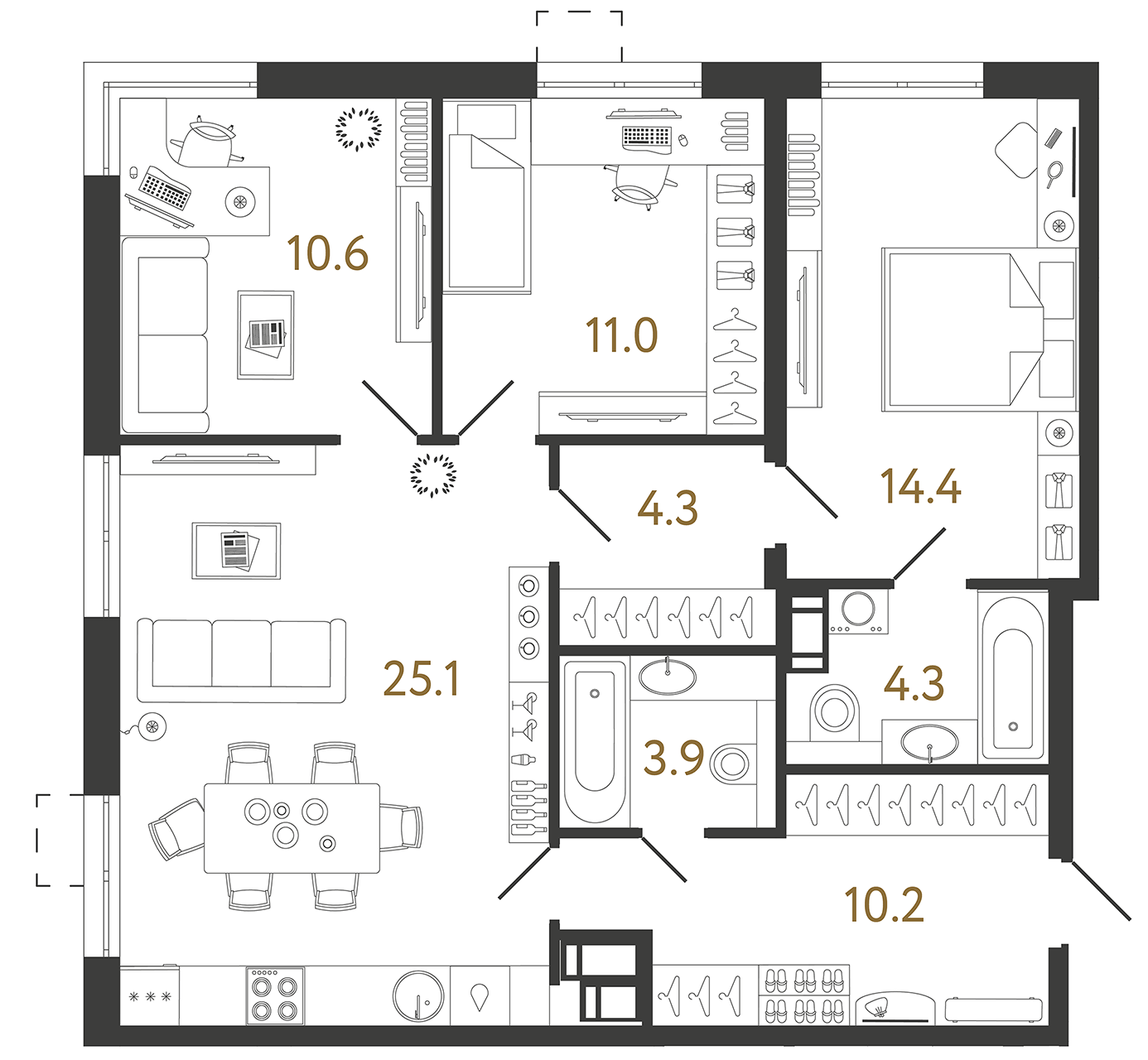 Трёхкомнатная квартира 83.8 м²