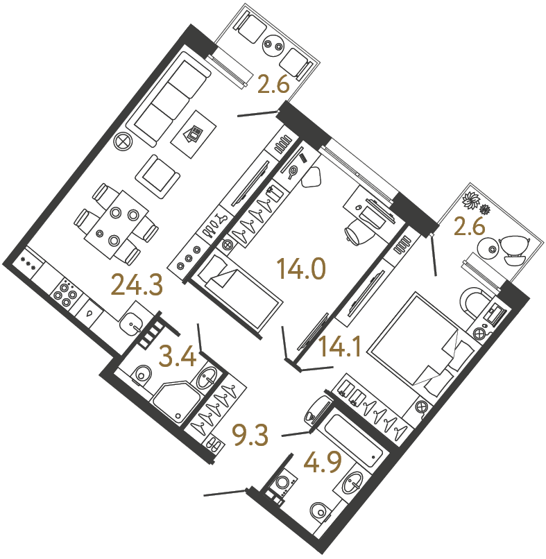 Двухкомнатная квартира 70 м²