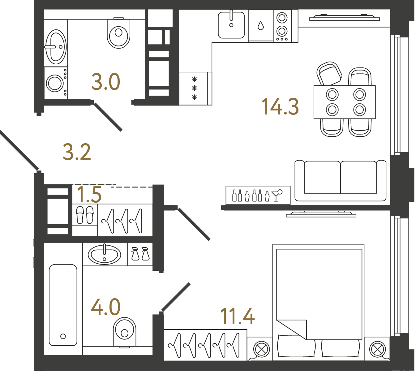 Однокомнатная квартира 37.4 м²