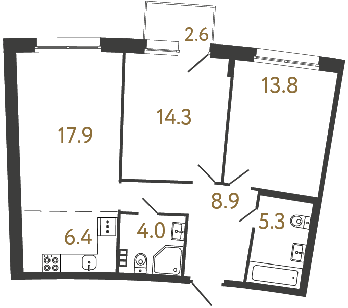 Двухкомнатная квартира №38 в ЖК Цвет Зеленогорска - 70.6 м²  - №2